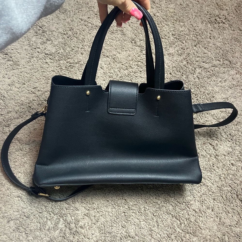 Black Faux Leather Top Handle Satchel Crossbody‎ Bag with Gold Tone Hardware - Picture 7 of 7